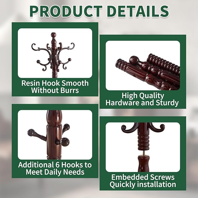 Wood Coat Rack Stand, Wooden Coat Rack Freestanding with Sturdy Round Base, Vintage Coat Racks with 14 Hooks, Natural Birch Wood Entryway Coat Tree Hanger Stand Easy to Assemble