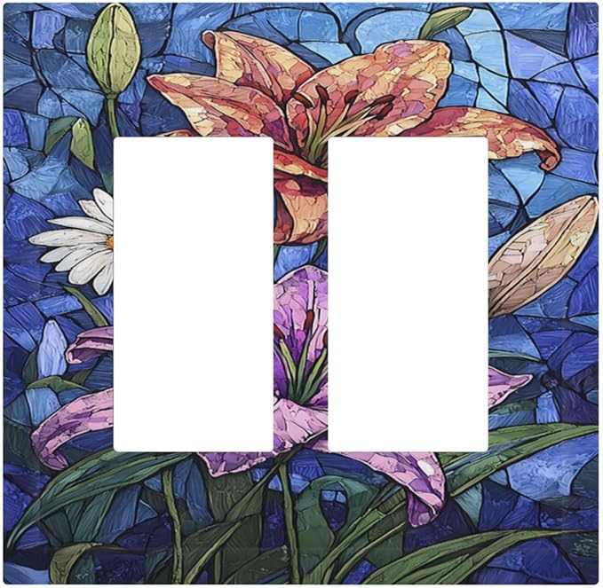 Decorative Outlet Covers Vintage Colorful Flower Oil Painting Style 2 Gang Double GFCI Rocker Electrical Wall Panels Light Switch Cover Plate for Bedroom Bathroom Decor