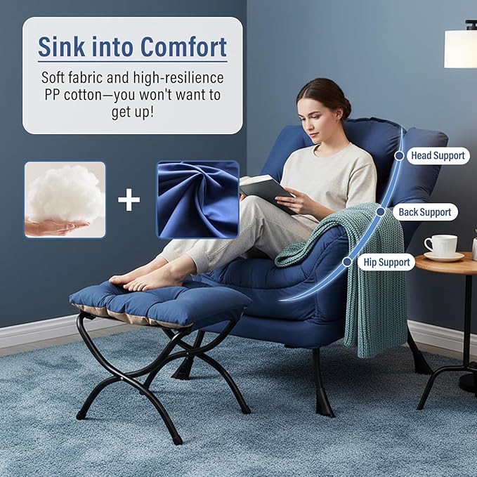 Lazy Chair with Ottoman, Modern Chair with Folding Footrest, Lounge Accent Chair, Comfortable Reading Chair (Royal Blue)