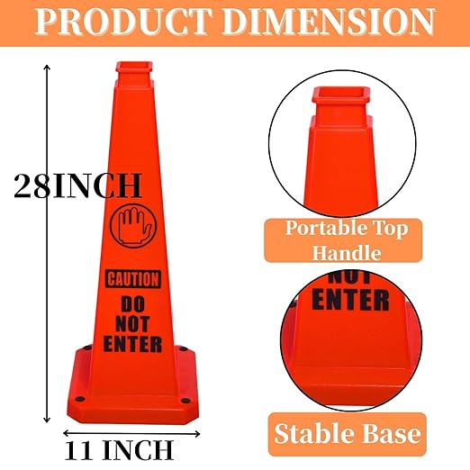 BESEA Caution Cone 3 Pack, 28" Caution Cone with Weighted Base, Red 4-Sided “Cantion Do NOT Enter ” Warning Cone for Creation Area Driveways, Business Parking Lots, Garages, Indoor/Outdoor