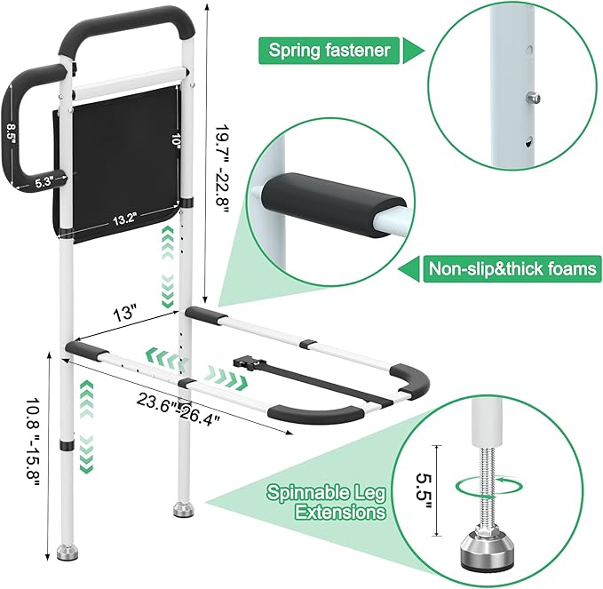 RELIANCER Bed Safety Rail for Elderly Adults w/Support Leg,Dual Handle Assist Grab Bar for Seniors,Adjustable Bedside Support Railings,Bed Side Assist Guard Rails,Bedside Hand Guard Bar Safety Bedrail