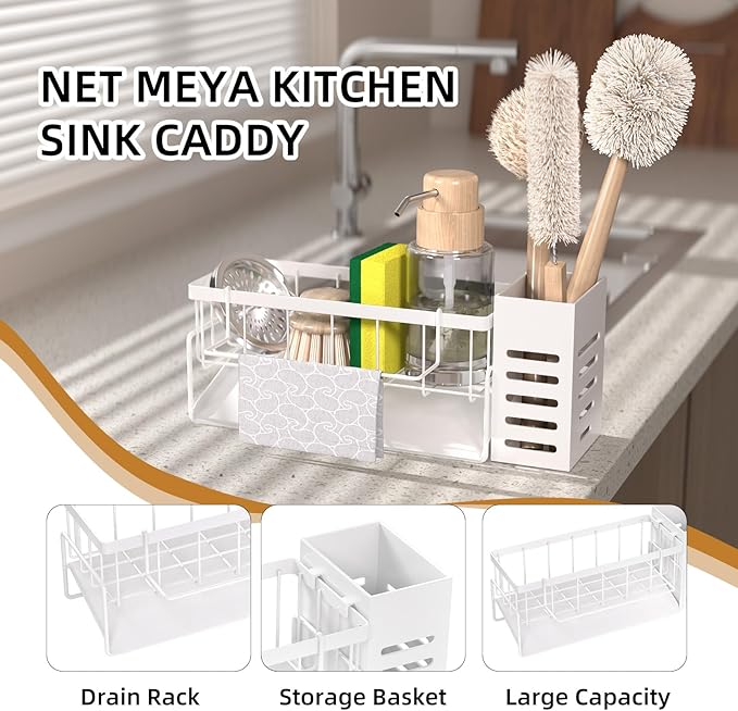 NET MEYA Kitchen Sink Caddy Organizer,Stainless Steel Sponge Holder with Dish Brush Holder,Soap Caddy for Countertop,Kitchen Sink Organizer Countertop Sink Accessories,Cleaning Caddy