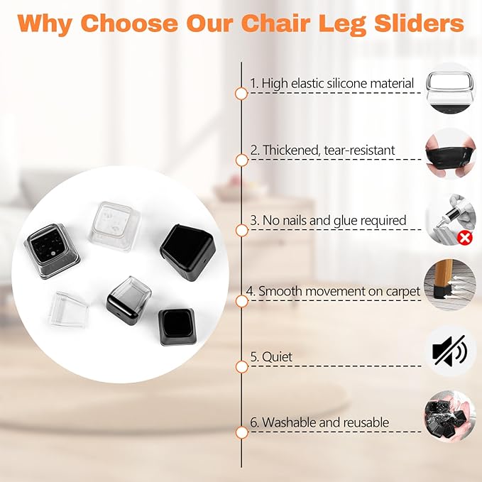 28 Pcs Chair Leg Sliders for Carpet Rug, Square Chair Glides, Silicone Furniture Leg Protectors Caps Kitchen Table Feet Covers with Plastic Pads, No Scratches (Fit:1-1/2"~1-3/4", Black)