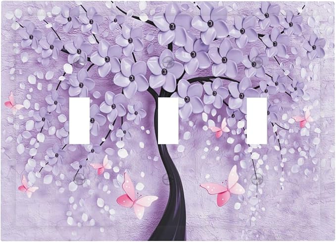 Light Switch Cover 3D Purple Tree 3 Gang Wall Plate Triple Light Switch Plate Toggle Decorative Outlet Covers Electrical Switchplate for Bathroom Bedroom Decor