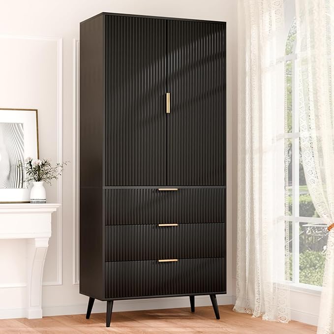 Tall Storage Cabinet, Kitchen Pantry Cabinet with Adjustable Shelves & Fluted Panel Design, Wood Cupboard with 3 Drawers 2 Doors, Tall Home Cupboard for Living Room, Kitchen, Black
