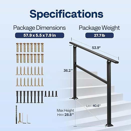 VIVOHOME 2-Pack 4 Step Hand Rails for Outdoor Steps, Galvanized Steel Railing, Black Oval Exterior Hand Railing for Porch, Deck, or Indoor Stairs, Railing Kit