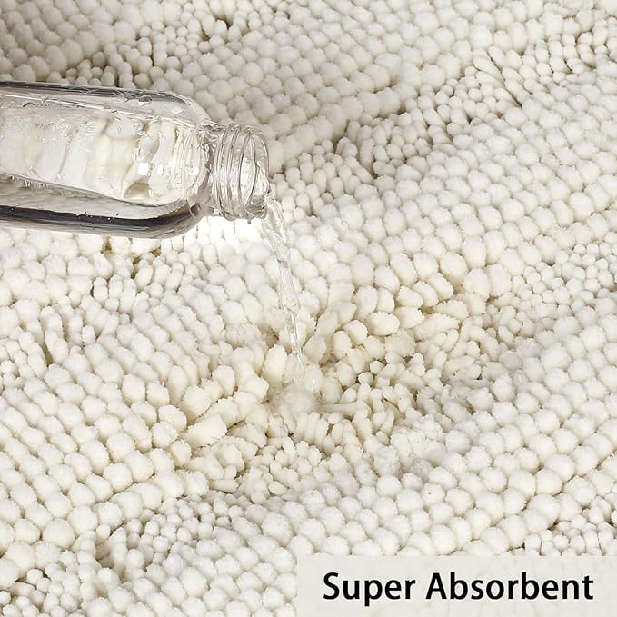 Turquoize Chenille Bath Rug - Non Slip, Absorbent, Thick Shaggy Mat for Bathroom, 47x17 inches, Cream