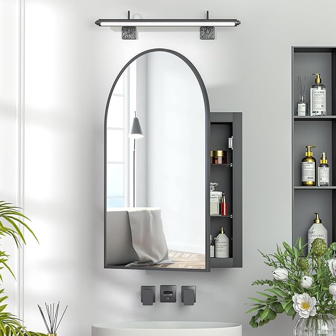 Recessed Medicine Cabinet with Mirror,Arched Medicine Cabinet Mirrors for Bathroom,Brushed Black Medicine Cabinets in Wall,Bathroom Mirror with Storage,Mirrored Medicine Cabinets 20x30