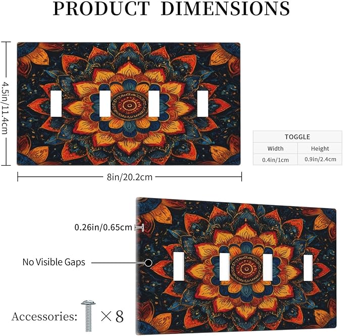 Colorful Oriental Floral Blooming Mandala Flower 4 Gang Light Switch Covers Decorative Quad Toggle Wall Plate Cover 4 Hole Electrical Device Switchplate Dimmer Faceplate for Bathroom Decor