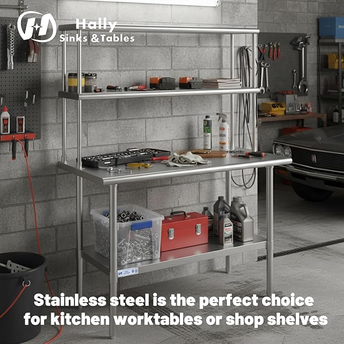 Hally Double Overshelf of Stainless Steel 12'' x 36'' Weight Capacity 360lb, Commercial 2 Tier Shelf for Prep & Work Table in Restaurant, Home and Kitchen