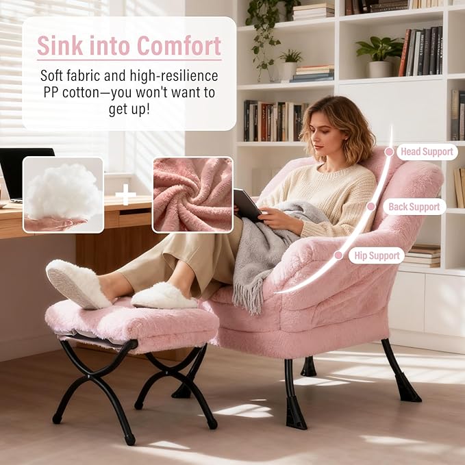 Lazy Chair with Ottoman, Modern Chair with Folding Footrest, Lounge Accent Chair, Comfortable Reading Chair, Oversized Armchairs for Bedroom, Study, Living Room(Plush Pink)