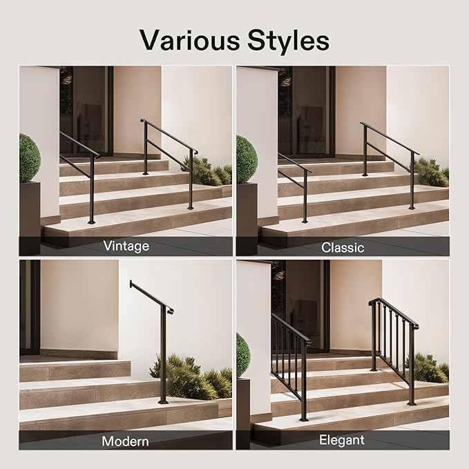 VIVOSUN 2-Pack Outdoor Handrail, 4 Step Stair Handrail, 54" x 36" Fits 1 to 4 Steps, Wrought Mattle Iron Handrail for Concrete Steps, Porch Steps, One-Step Assembly, 2 Packs, Black