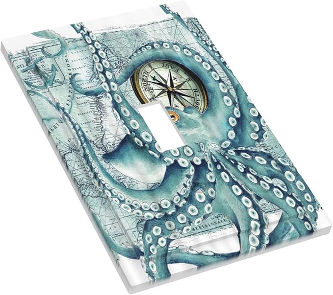 Vintage Nautical Octopus Eyes Funny Ocean Kraken Single Toggle Light Switch Covers Decorative 1 Gang Wall Plates Cover Compass Pirate Map Electrical Device Switchplate for Farmhouse Bathroom