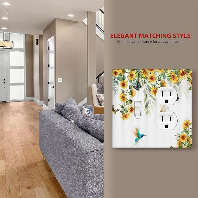Yellow Sunflower Butterfly with Bird Decorative Light Switch Cover Plate 1 Toggle/1 Duplex Outlet Covers 2 Gang Combo Gfci Wall Plate Electrical Receptacle Switchplate for Bathroom Decor