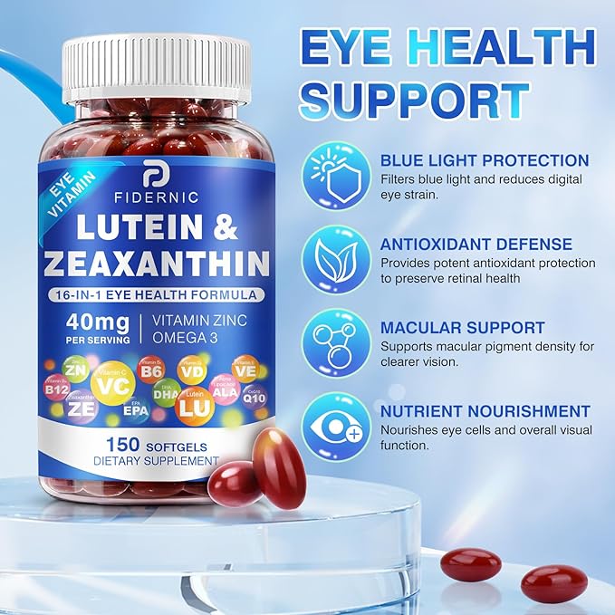 Lutein and Zeaxanthin Supplement - Eye Vitamins, 40 mg Lutein & 8 mg Zeaxanthin with Vitamins C, E, Zinc, Omega-3 & CoQ10 for Blue Light Protection, Eye Health Support  - 150 Softgels