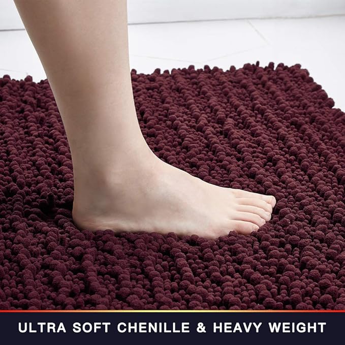 Walensee Large Bathroom Rug Non Slip Bath Mat (24x60 Inch Burgundy) Water Absorbent Super Soft Shaggy Chenille Machine Washable Dry Extra Thick Perfect Absorbant Best Plush Carpet for Shower Floor