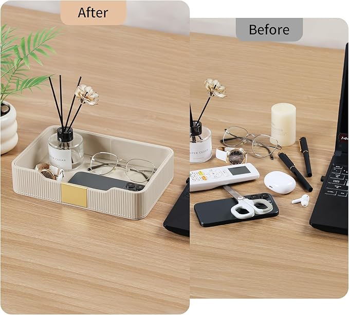 Valet Tray Desktop Storage Organizer, PU Leather Catchall Bedside Vanity Tray with Brass Accents Block Nightstand Organizer for Keys Watch Wallet Phone, Decorative Nightstand Storage (Beige)