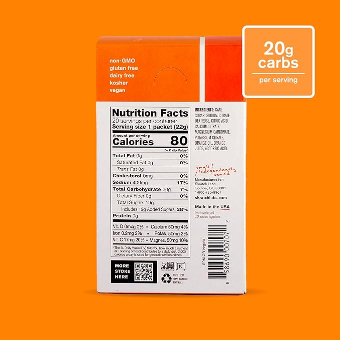 Skratch Labs Hydration Packets - Hydration Drink Mix, Orange (20ct) - Electrolyte Powder Packets Developed for Athletes and Sports Performance - Gluten Free, Vegan, Kosher