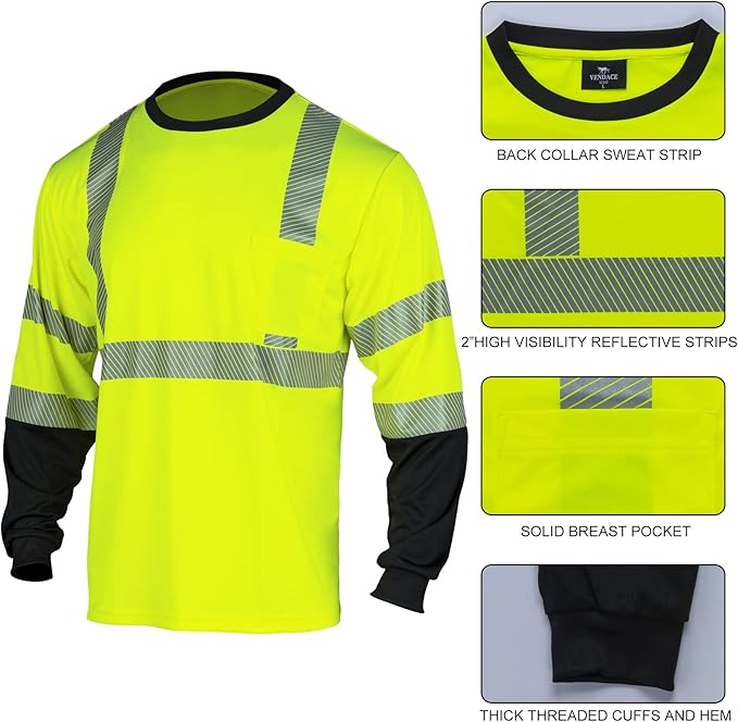 VENDACE 3pcs Safety Reflective Hi Vis Long Sleeve Shirts for Men ANSI Class 3 High Visibility Construction Work T Shirts (Yellow,2XL)