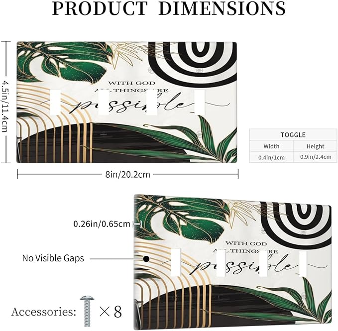 Boho Abstract Tropical Green Palm Leaf Mid Century Light Switch Covers Quad Toggle Electrical Faceplate 4 Gang Wall Plate Decorative Switch Plates for Office Home Decor