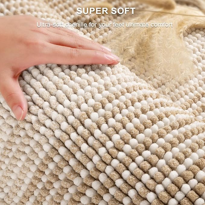 BSICPRO Bathroom Rugs Sets 3 Piece, Toilet Rugs U-Shaped Contour Bath Mat Set, Large Striped Non Slip Absorbent Chenille Shower Mat, Beige
