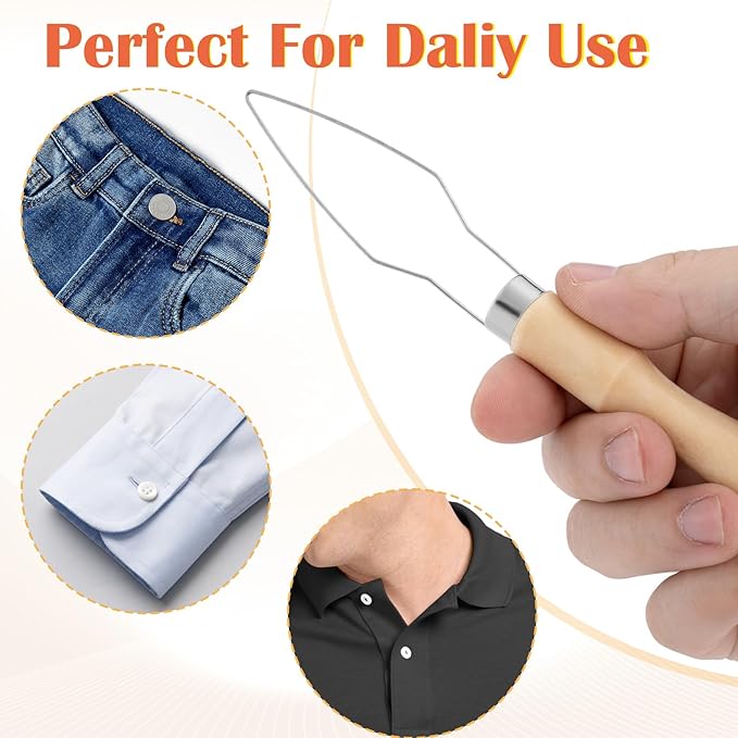 2 Packs Easy Button Hook, Steel Button Helper Tool for Elderly, Wide Wood Handle Buttons Fastener Device Assist Dressing Aid Tool for Seniors One Hand
