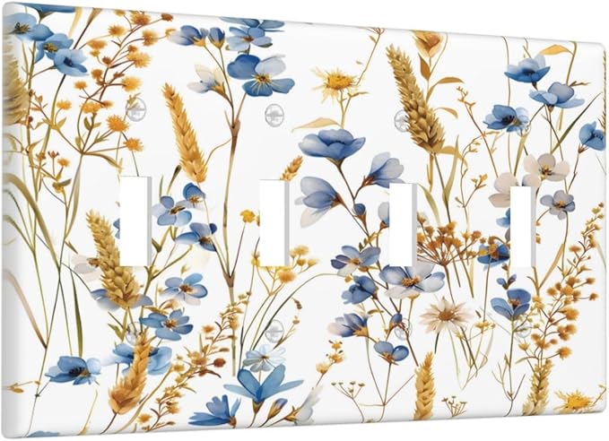 Vintage Wildflower Blue Gold Country Fall Wheat Floral Light Switch Covers Quad Toggle Electrical Faceplate 4 Gang Wall Plate Decorative Switch Plates Cover for Bedroom Living Room Decor