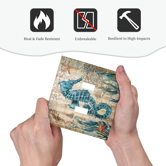 Vintage Blue Seahorse Seaweed Starfish Ocean Nautical Theme Double Toggle Light Switch Cover Decorative 2-Gang Wall Plate Cover Dual Device Electrical Switchplate Faceplate for Farm Bathroom