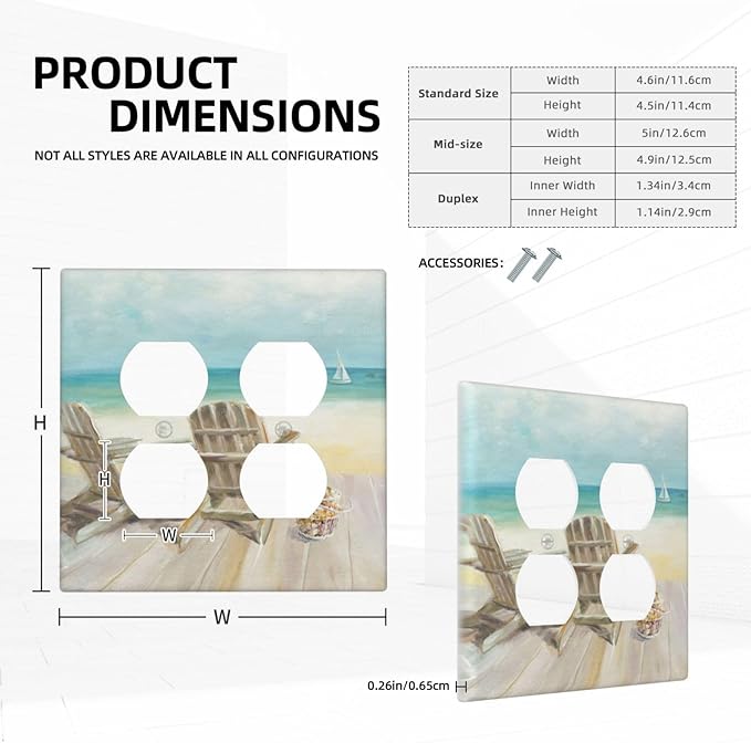 Decorative Light Switch Cover Plate Beach Chair Seascape Blue Ocean Modern Coastal 2 Gang Socket Covers Double Duplex Wallplates Switch Plates and Outlet Covers for Bathroom Home Decor