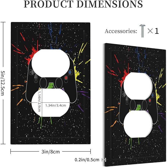 Classic Videogames Controller Black Splash Ink Colorful Outlet Covers 1 Gang Duplex Light Switch Cover Decorative Switch Plates Electrical Receptacle Faceplate Wall Plate for Kids Room Nursery Decor