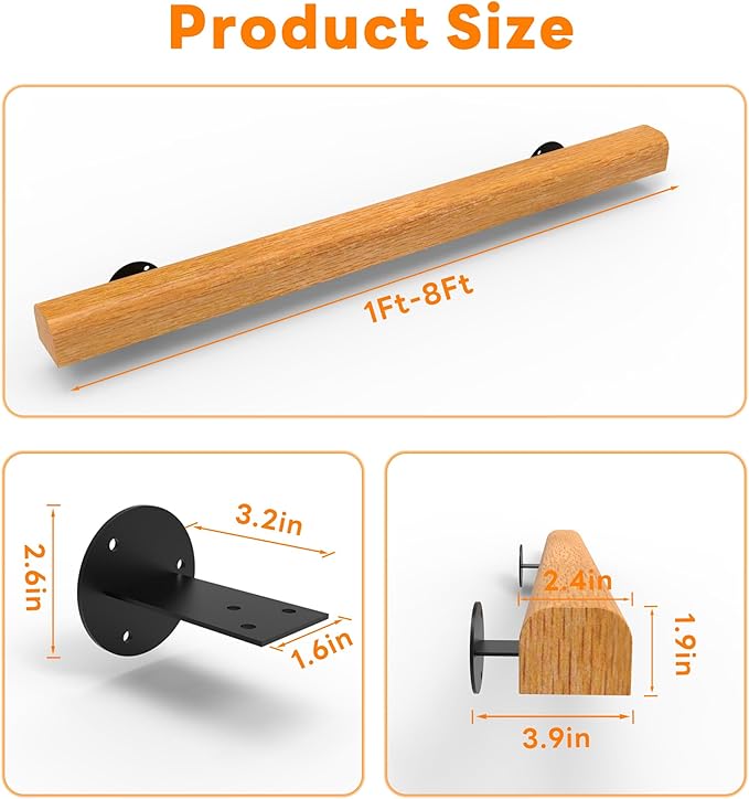 6FT Wood Stair Handrails Wall Mount, Hand Railings for Stairs Indoor Outdoor, Non-Slip Staircase Handrail for Corridor, Lofts, Patio, Kindergarten Guardrail (Size: 6ft)