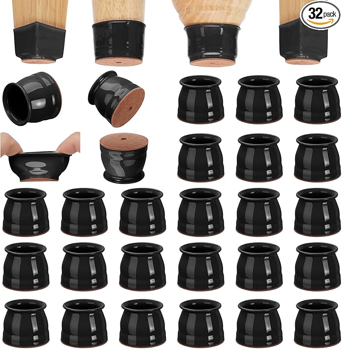 CHUNZEXI 32 Pack Chair Leg Floor Protectors for Hardwood Floors, Silicone Felt Covers Pads Caps, Protect Wood Furniture Feet Floors Noise Reduce and Scratch (Universal Large & Black)