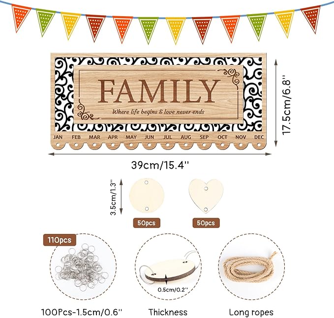KAlRNE Family Birthday Reminder Board,Birthday Calendar Hanging Wooden Plaques,Rustic Calendar with 100 Tags,Hollow-Out Design Farmhouse Reminder Wood Board,Gifts for Mom Nana Parents Grandparents