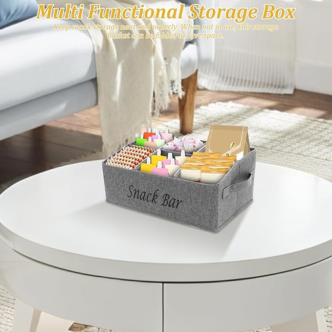 Snack Organizer for Countertop, 6 Compartment Snack Basket Container, Trapezoid Fabric Snack Bin Holder with Side Handles,Lightweight Snack Bar Station Organizer, Kitchen Pantry Storage (Grey)