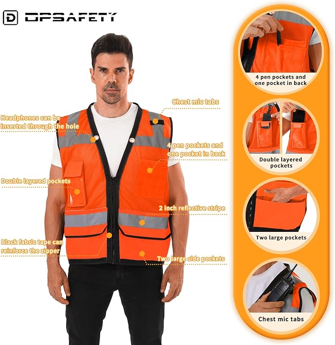 Reflective Safety vest With back plan pocket,High visibility Class 2 Heavy Duty Surveyor Vest with Zipper,Hi Vis Vest ANSI/ISEA Standard, Construction Work Vest for Men＆Women(Orange,XL)