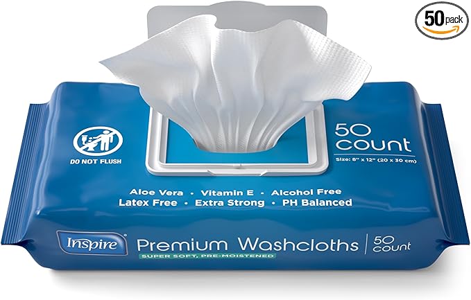 Inspire Adult Wet Wipes, Wash Cloths | Adult Wipes for Incontinence & Cleansing for Elderly, 8"x12" (50 Count (Pack of 1))