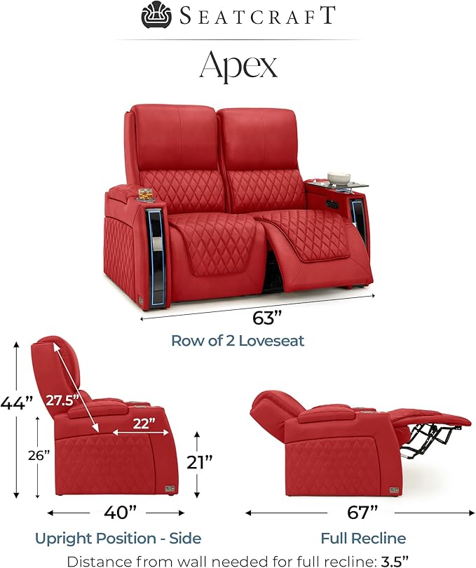 Seatcraft Apex Zero-Gravity CoolZero Italian Leather Home Theater Seating, Powered Headrest, Powered Lumbar, Powered Recline, Row of 2 Loveseat, Red