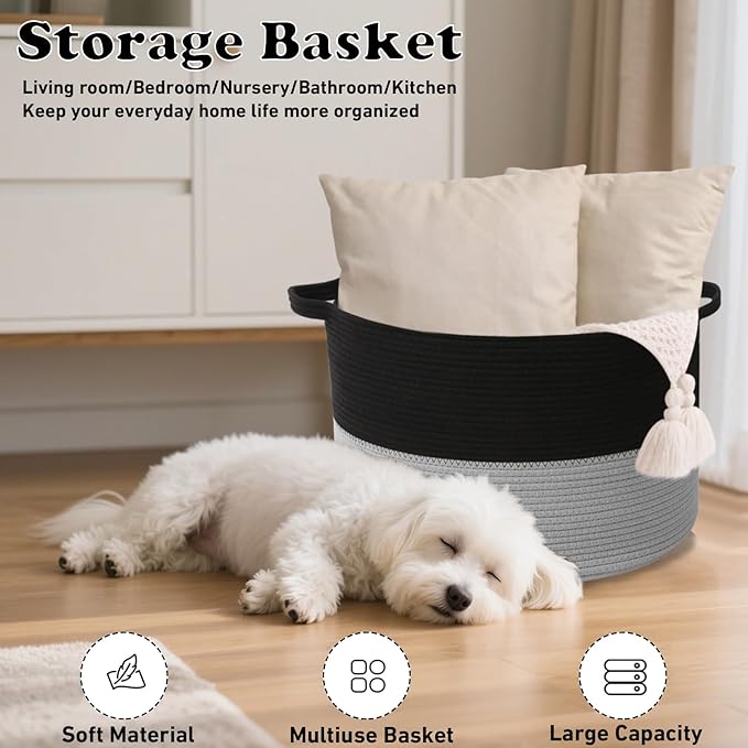 Large Storage Basket with Handle,19.7"x 19.7"x 13" Blanket Basket Storage Bins for Organizing,65L Cotton Rope Woven Baskets for Living Room, Nursery ,Bedroom,Black&Light Grey
