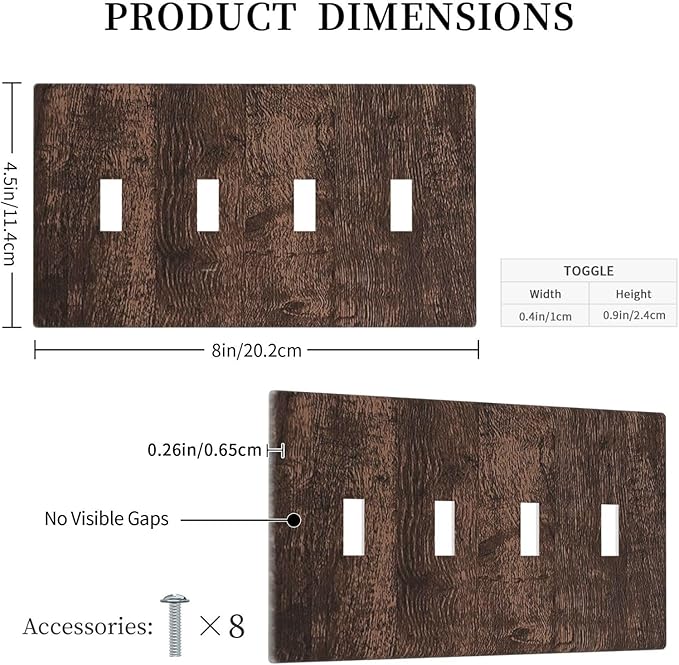 Light Switch Covers Rustic Dark Brown Wood Grain Quad Toggle Electrical Faceplate 4 Gang Wall Plate Decorative Switch Plates for Farmhouse Bedroom Decor