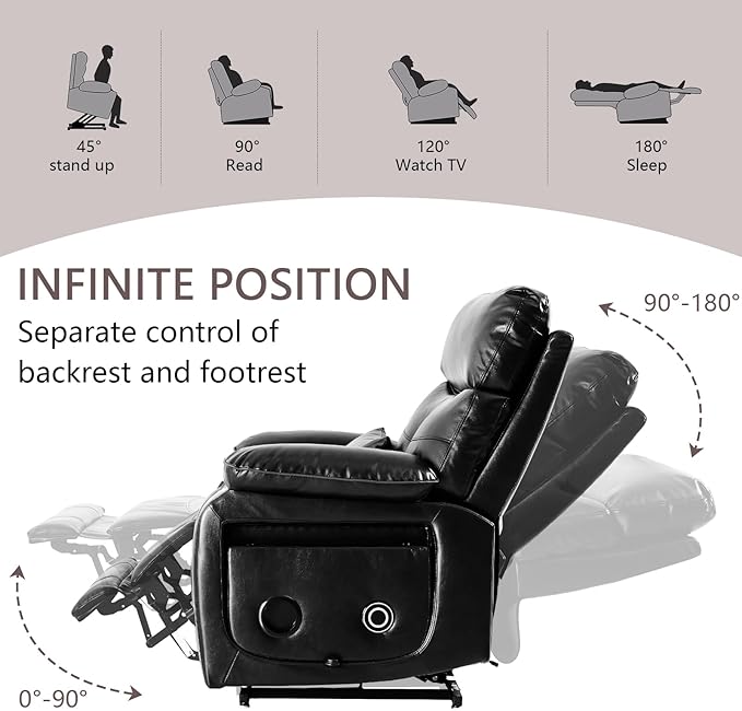 Dual Motor Power Lift Recliner Chair for Adult & Elderly, Infinite Position Lay Flat Lift Chair with Heat & Massage, Cup Holder, Lumbar Pillow, Wireless Charger, USB Ports, Leather (Black)
