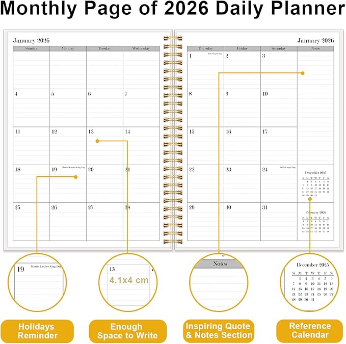 Daily Planner 2026 - Full Page Per Day, Jan 2026 to Dec 2026, 2026 Daily Planner with Spiral Bound, Inner Pocket, Perfect for School Office Supplies, 7'' x 10'', Green Gold Leaf