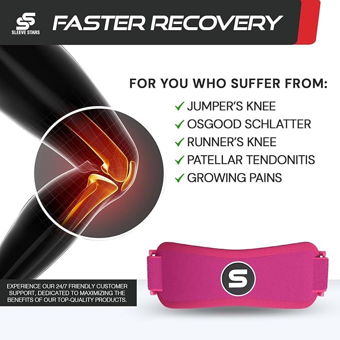 Sleeve Stars Swedish Brand Patellar Tendon Support Strap for Women & Men Effective Osgood Schlatter Knee Brace Youth & Kids Knee Brace with 3 Adjustable Length fits 7"-15" (Single/Hot Pink/Kids)