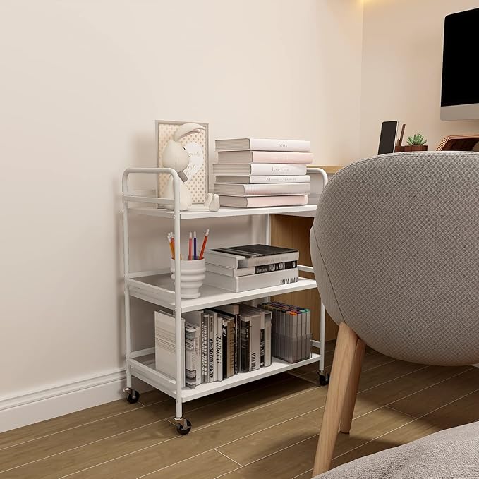 DCLRN 3 Tier Rolling Cart with Lockable Wheels Sturdy Construction,Solid Shelves,Recessed Screw Holes Ideal for Kitchen and Home Storage Size:23.6" Dx11.8 Wx29.5 H(White)