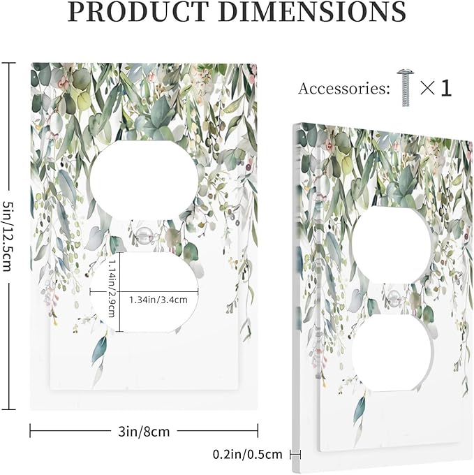 Sage Green Watercolor Eucalyptus Leaves Floral Flowers Outlet Covers 1 Gang Duplex Light Switch Cover Decorative Switch Plates Electrical Receptacle Faceplate Wall Plate for Farmhouse Bed Room Decor