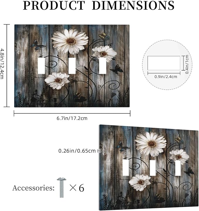 Rustic Wood Background Floral Butterfly Daisy Decorative Switch Plates 3 Gang Wall Plate Triple Toggle Light Switch Cover Faceplate Electrical Wall Panels for Farmhouse Bedroom Decor