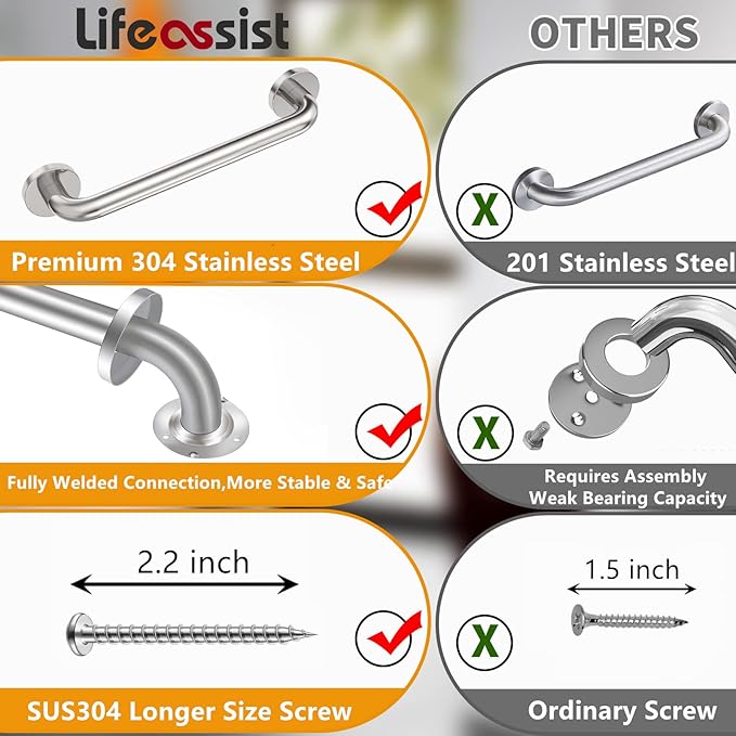 2 Pack 24 inch Shower Grab Bars 1.25 inch ADA Safety Grab Bars for Bathroom 500 lbs Support 304 Stainless Steel Assist Bath Handle Brushed Nickel
