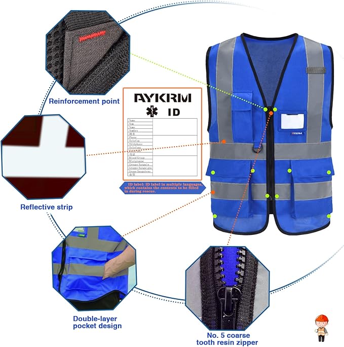 A-SAFETY Blue safety vests Reflective Safety Vest Hi Vis Bright Neon Color with 4 Reflective Strips 8 Pockets, Blue