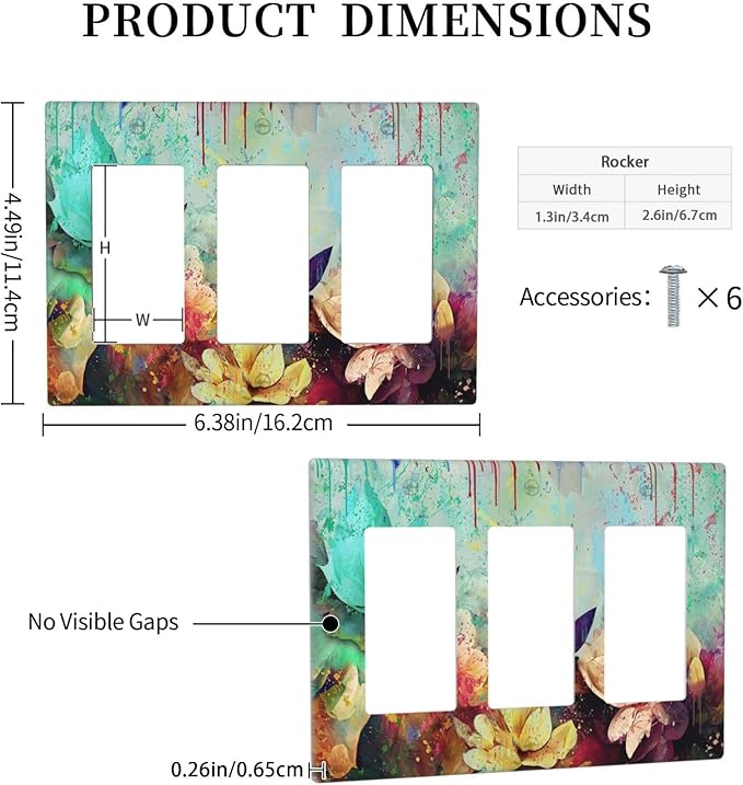 Light Switch Cover Watercolor Flower Colorful Floral 3 Gang Wall Plate Triple Light Switch Plate Rocker GFCI Outlet Covers Decorative Receptacle Cover for Bathroom Bedroom Decor