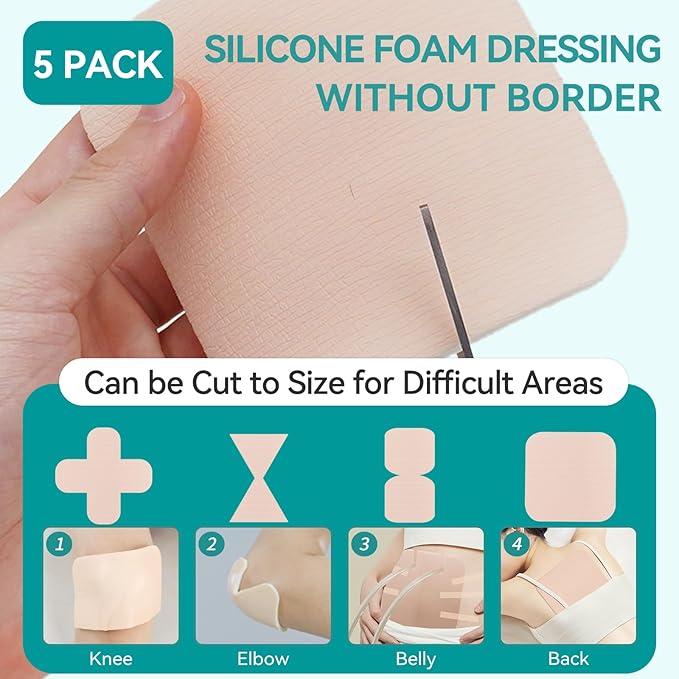 Dimora Silicone Foam Dressing Without Border - 6"x 6" Highly Absorbent Adhesive Bandages for Wounds Cuttable Pads for Wound Care 5 Pack