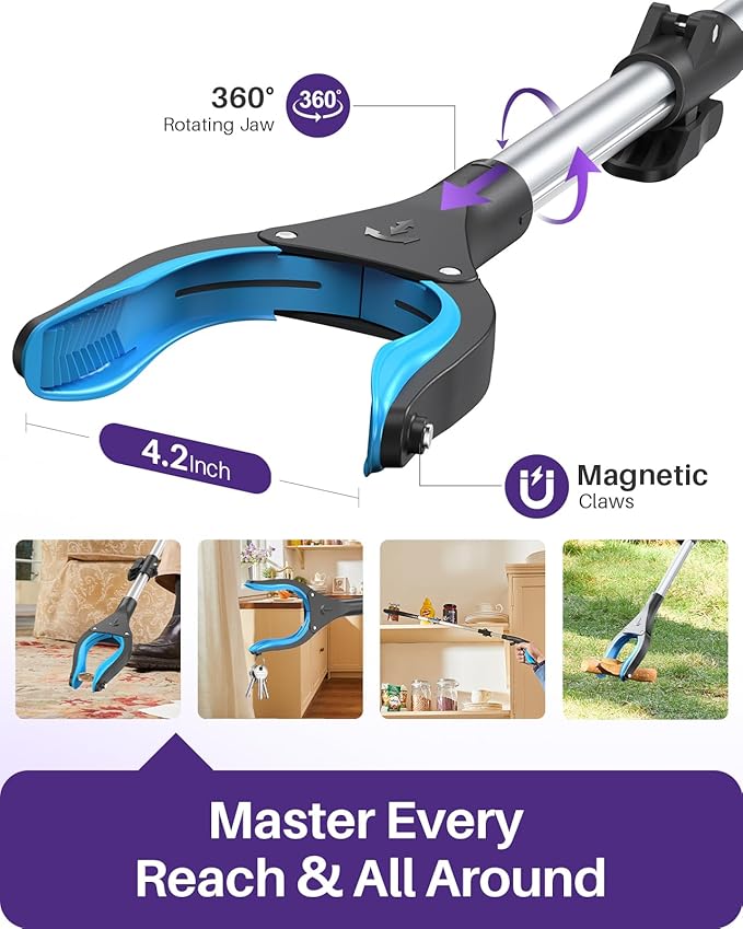 KEKOY Pro 40-inch Reacher Grabber Pickup Tool, Heavy Duty Grabbers for Seniors Foldable Pick Up Trash Stick with Anti-Slip 360° Rotating Jaw, 4" Wide Extended Weed Gripper Claw with Magnet